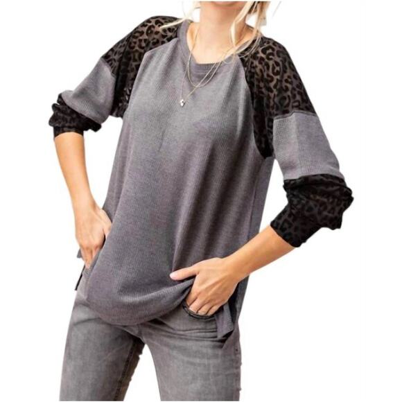 Kori Animal Thermal Long Sleeve Tee Top Heather Grey Black Sheer Velvet S new - Picture 1 of 9